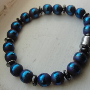 W'Kabi. Hematite and Blue Striped Agate Gemstone Beaded Stretch Bracelet. Men Unisex. image 3
