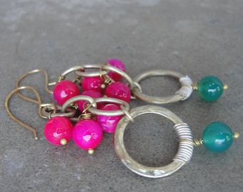 Pink Green Gemstone Earrings. Brass Chain Chandelier Earrings. Festive Sorority Colors. Gala Jewelry. Colorful Earrings.