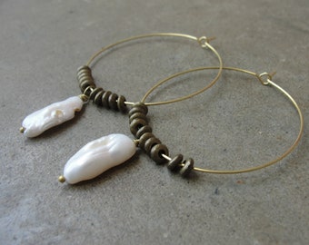 White Biwa Pearl Brass Earrings. Brass Hoop Earrings. Medium Hoops. Boho Style. Minimalist Simplistic. Gift For Her