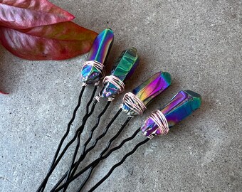 Titanium Coated Quartz Hair Pins. Wire Wrapped Loc Braid Top Knot Jewelry. Crystal Hair Jewelry. Boho Hair Accessory.