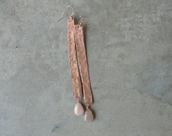 Long Copper Hammered Earrings. Moonstone Briolette Earrings. Shoulder Dusters Statement Earrings. Eclectic Gift.