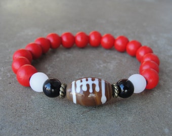 Atlanta Falcons Football Bracelet. NC State Football Jewelry. Football Mom Bracelet. Football Lampwork Bead. Red Black Stretch Bracelet.