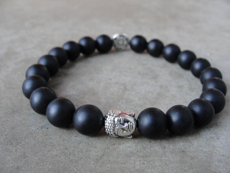 Matte Black Jade Beaded Bracelet. Buddha Zen Bracelet. Mens Jewelry. Simple Minimal. Yoga