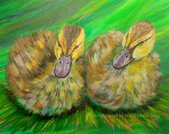 Mallard Ducklings, Art Print of Acrylic Bird Painting