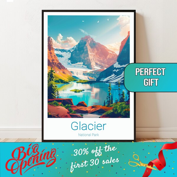 Glacier US National Park Travel Poster for Living Room Majestic Mountain and Lake View Serene Landscape Art