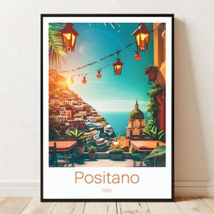 Positano Italy Travel Poster for Living Room, Coastal Amalfi Coast View Art