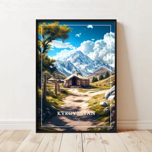 Kirgizië reisposter - Kirgizië yurtkamp print, besneeuwde Tian Shan-gebergte muurkunst