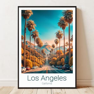 Los Angeles California Art Print - Palm Tree Sunset Boulevard with Mountain Views - Iconic LA Wall Art for Cityscape and Travel Enthusiasts