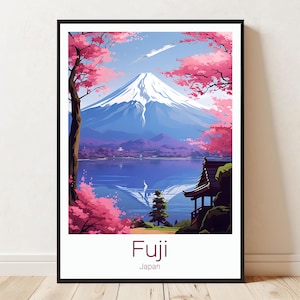 Mount Fuji Travel Poster: Japanese Cherry Blossom Art Print
