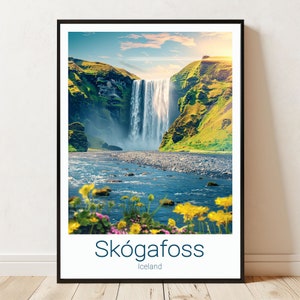 Poster di viaggio Skógafoss, stampa di cascata islandese, stampa murale con paesaggi naturali, decorazione paesaggistica nordica, arredamento per esterni