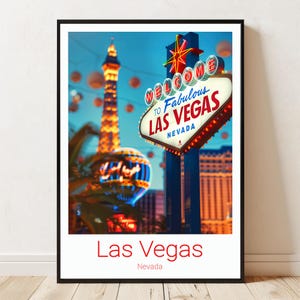 Las Vegas Willkommensschild Reiseplakatdruck - Kultige Nachtstadtbild Neonwandkunst für Heim- und Bürodekor