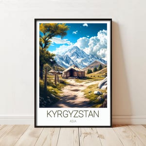 Kirgistan Reiseplakat - Kirgistan Jurte Tal Druck, Schneebedeckte Tian Shan Berge Kunst, Nomadenlager Wanddekoration