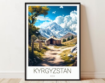Kirgisistan Reiseplakat - Kirgisistan Jurte Tal Druck, Schneebedeckte Tian Shan Berge Kunst, Nomadenlager Wanddekoration