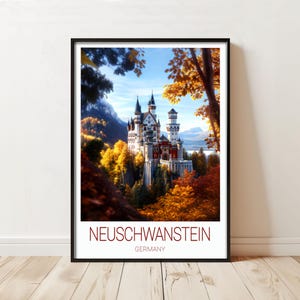 Neuschwanstein Castle Travel Poster Print - Romantic German Landmark in Autumn for Home and Office Décor