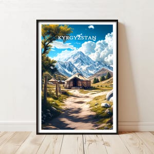 Kirgistan Reiseplakat - Kirgistan Jurtenlager Druck, Schneebedeckte Tian Shan Berge Kunst, Nomadental Landschaftswanddekor