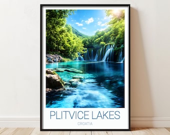 Plitvice Lakes Waterfall Scene Travel Poster Print for Croatia Nature Enthusiasts