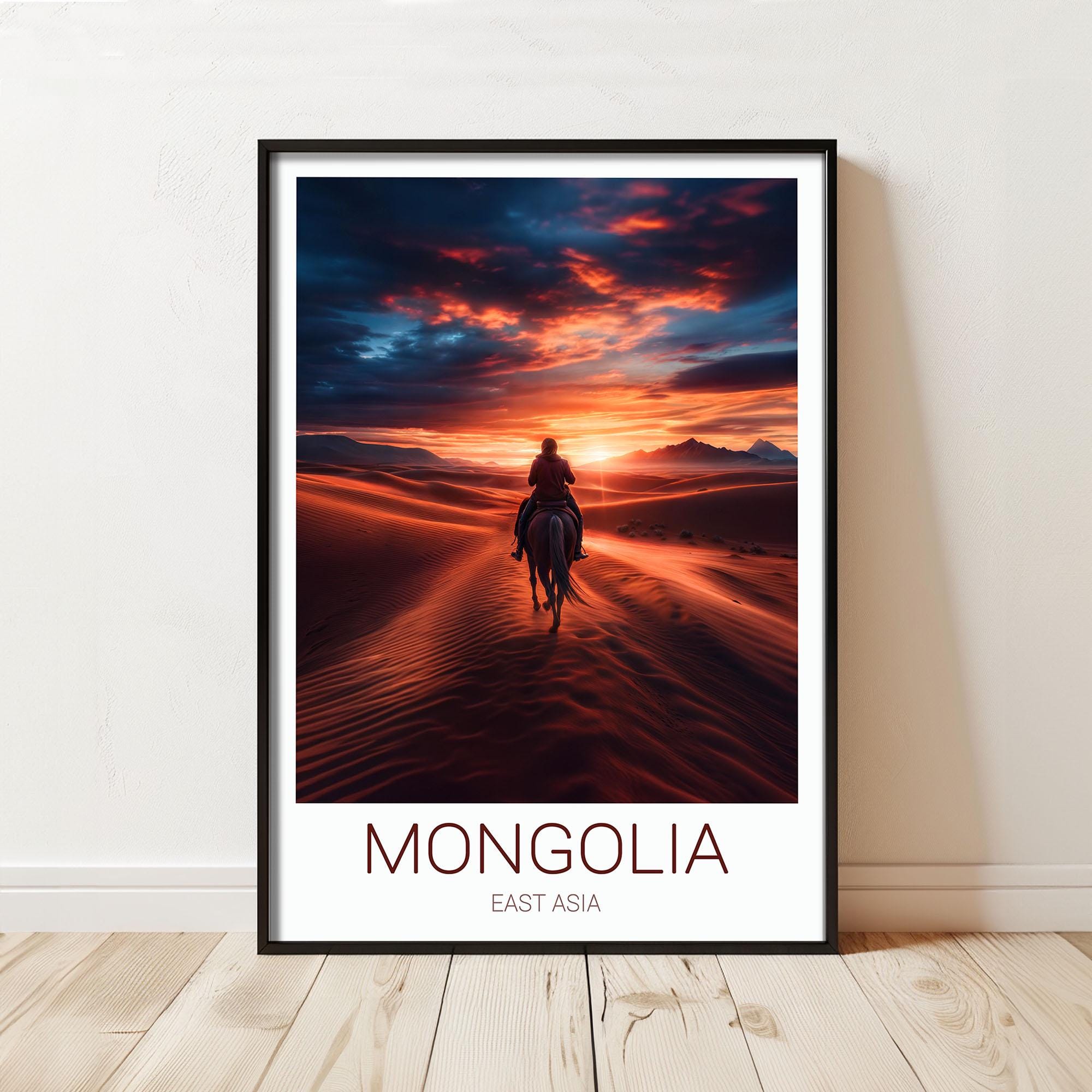 Mongolei Reiter bei Sonnenuntergang Reise Poster Druck - Wüstenlandschaft Wand Kunst Fotografie für inspirierende Dekoration