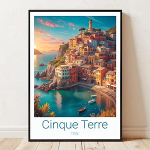 Cinque Terre Reiseposter - Lebhafter Küstendorfdruck - Italienische Riviera Wandkunst - Mediterraner Sonnenuntergang Dekor für Zuhause