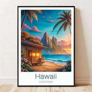 Hawaii Beach House Print: Tropical Sunset Palm Tree Wall Art