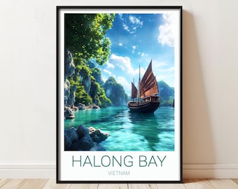 Halong Bay Vietnam Poster: Scenic Limestone Cliffs, Traditional Boat, Silk Print