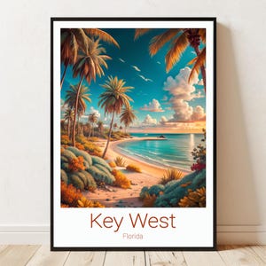 Key West Beach Reiseposter - Tropisches Palmenparadies Kunstdruck - Florida Ocean Wanddekoration für Zuhause oder Büro