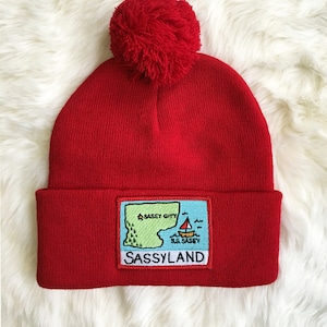 May include: Red knit beanie with a pom pom on top and a green, blue, and white embroidered patch that says "SASSYLAND" with a cartoon island and boat.