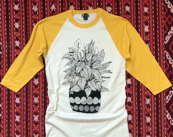 yellow and white baseball tee womens