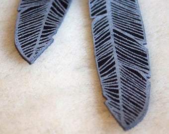 Screen Printed Leather Earrings-Black and Silver Feather