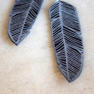Screen Printed Leather Earrings-Black and Silver Feather image 1