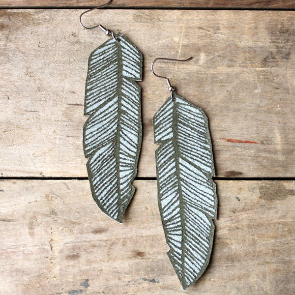 Screen Printed Leather Earrings-Gray Feather