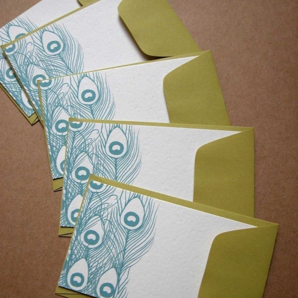 Peacock Feathers Enclosure Cards in Teal with Chartreuse Envelopes