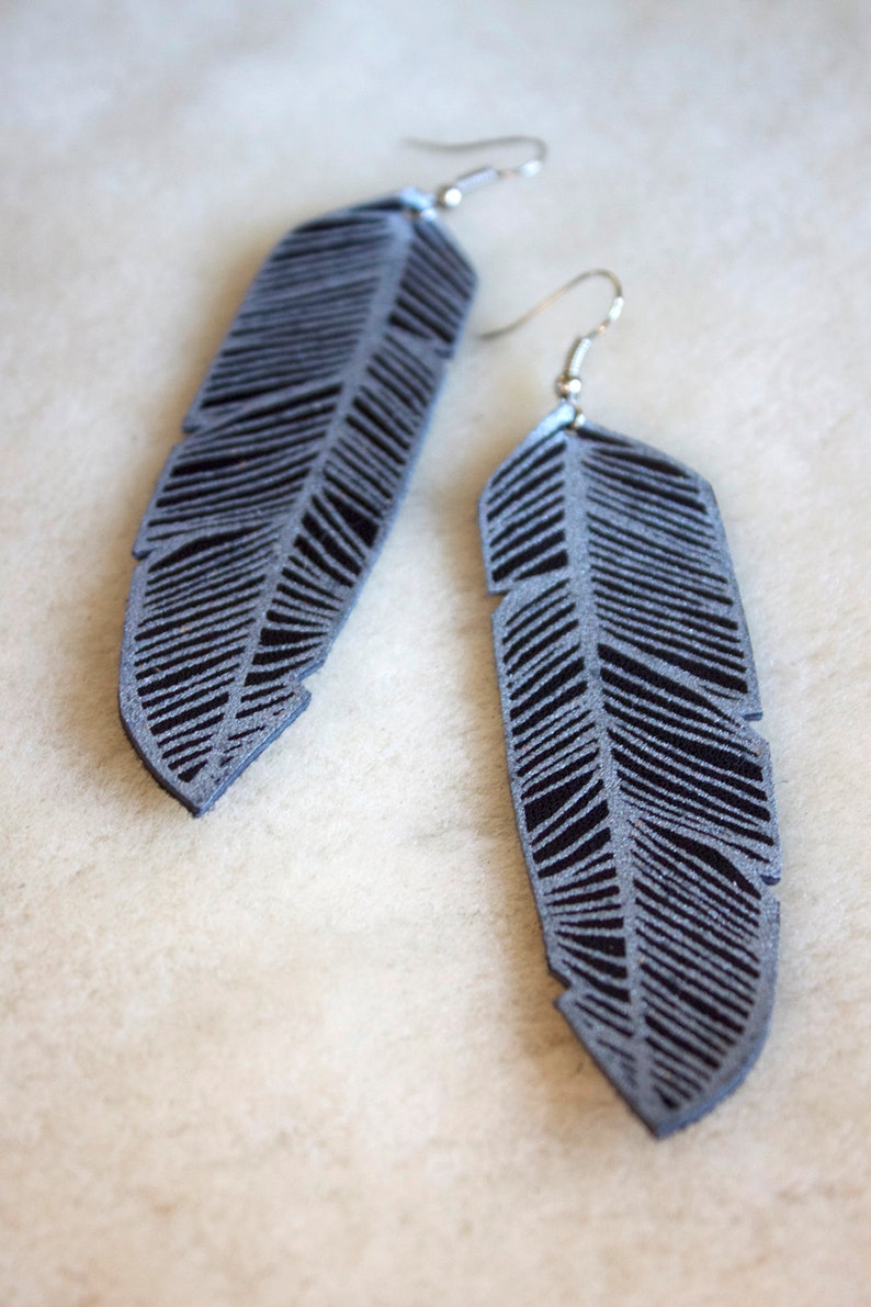 Screen Printed Leather Earrings-Black and Silver Feather image 1