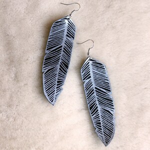 Screen Printed Leather Earrings-Black and Silver Feather image 2