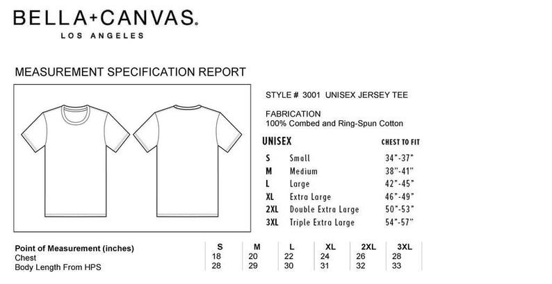 K&ouml;nnte beinhalten: Eine Gr&ouml;&szlig;entabelle f&uuml;r ein Unisex-Jersey-T-Shirt, die die Brustweite in Zoll f&uuml;r die Gr&ouml;&szlig;en S bis 3XL angibt. Die Tabelle zeigt auch die Brustweite und die K&ouml;rperl&auml;nge in Zoll f&uuml;r jede Gr&ouml;&szlig;e.