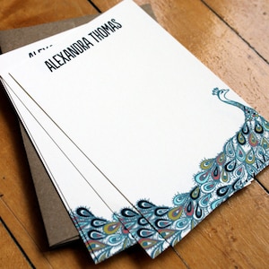 Set of 10 personalized flat notes- Peacock in Teal