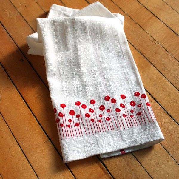 Set of Four Screen-printed Dish Towels with Red Poppies