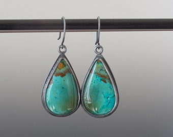 Gem Silica Teardrop Cabochon Dangle Earrings - Bezel Set Blue Green Gemstones in Oxidized Silver