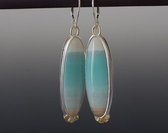 Opal Wood Patterned Cabochon Earrings - Long Ovals in Sterling Bezel Setting with 18k Gold Accents