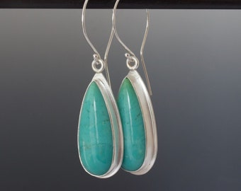 Blue Opalized Wood Cabochon Teardrop Dangle Earrings - Saturated Turquoise Color Natural Gemstones Bezel Set in Sterling Silver