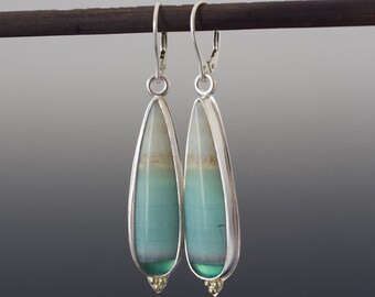 Blue Seascape Patterned Opalized Petrified Wood Cabochon Earrings - Long Teardrops Bezel Set in Sterling with 18K Accents - Leverbacks