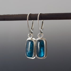 Teal Kyanite Cabochon Earrings Cushion Rectangle Bezel Set Drop Silver Earrings image 1