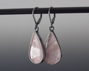 Morganite Dangle Earrings - Pink Ice Gemstone Cabochon Teardrops