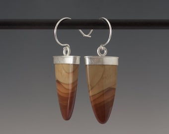 Bruneau Jasper Cabochon Earrings - Long Polished Tapered Gemstone Dangles in Earth Tones bezel set in Sterling Silver - One of a Kind