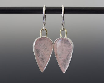 Morganite Teardrop Cabochon Dangle Earrings - Translucent Pink Natural Gemstones in Handmade Bezel Setting