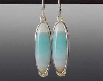 Opal Wood Patterned Cabochon Earrings - Long Ovals in Sterling Bezel Setting with 18k Gold Accents