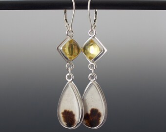 Dendritic Agate and Amber Cabochon Double Dangle Earrings - Absolutely One of a Kind Jewelry