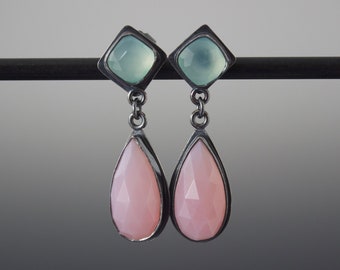 Double Dangle Post Earrings of Aqua Chalcedony and Pink Opal - Super Pretty One of a Kind Dangles