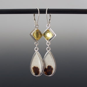 Dendritic Agate and Amber Cabochon Double Dangle Earrings Absolutely One of a Kind Jewelry image 1