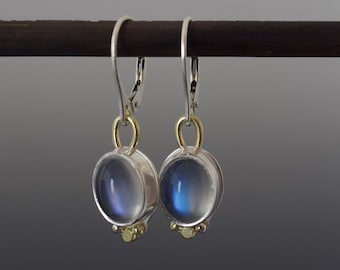 Blue Moonstone Oval Cabochon Dangle Earrings - Bezel Set Gemstone Drops with Leverbacks