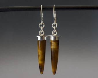 Tiger's Eye Cabochon Earrings - Long Tapered Spike Dangles - One of a Kind Jewelry - Fantastic Collector Gems